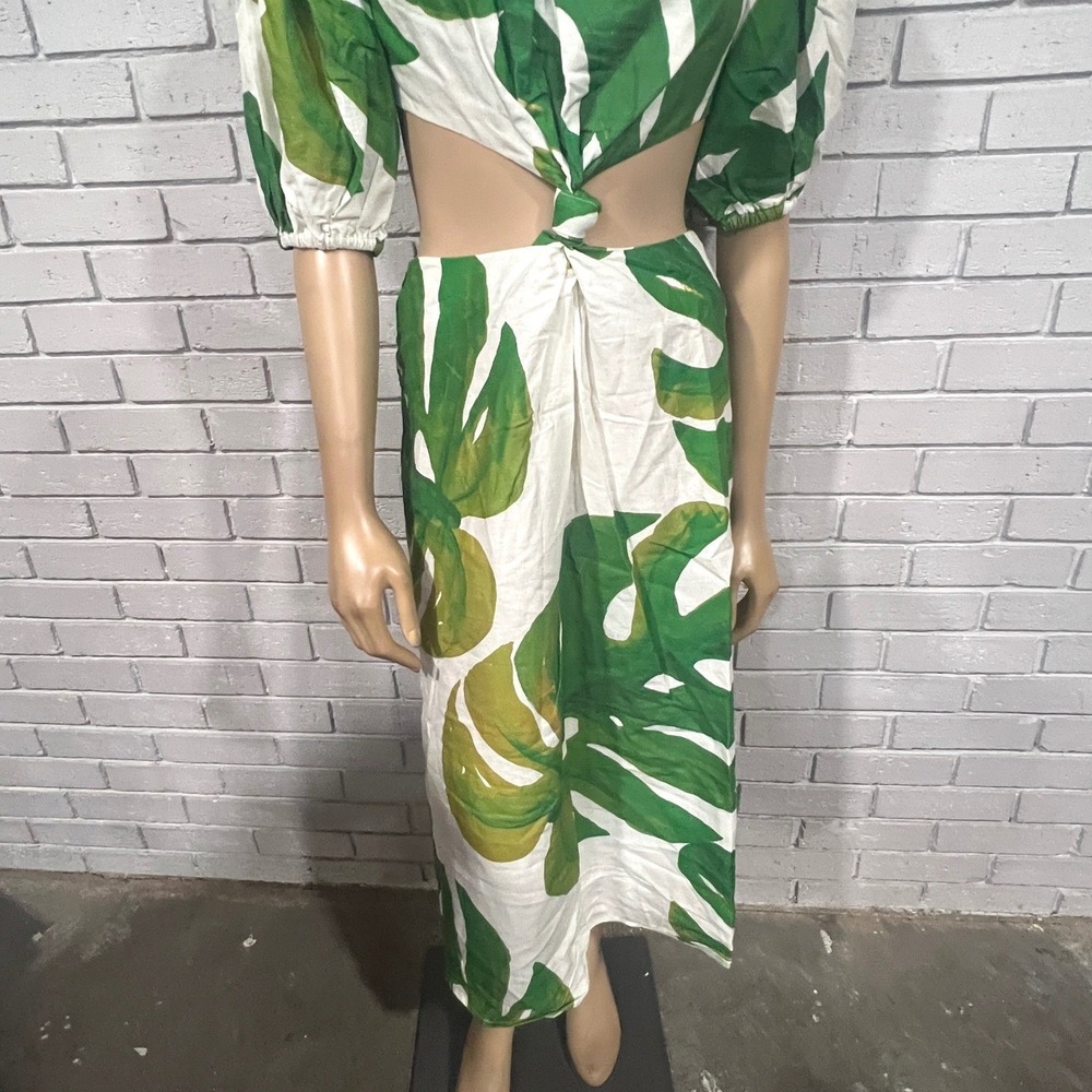 Farm Rio Linen Blend Monstera Midi Dress Tropical Resort Vacation | Size M - Picture 2 of 12